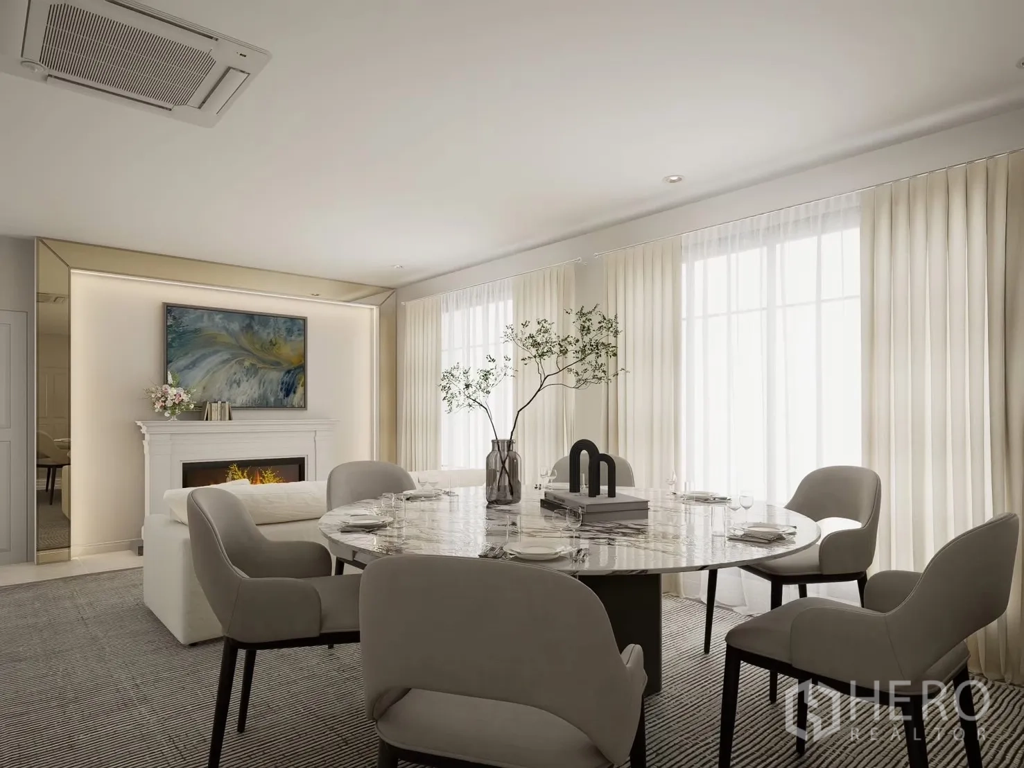 Detached House for rent in Bang Phli, Samut Prakan - Formal dining with round marble table and full-height curtains.