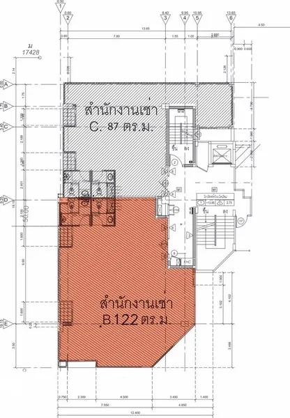 办公空间 出租在Khlong Toei, Bangkok - 楼层平面图，标注87㎡办公室单元的布局。