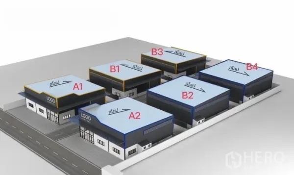 Warehouse for rent in Lat Phrao, Bangkok - Aerial 3D view of six modern warehouse units labeled A1 to B4 with driveway access and parking bays.