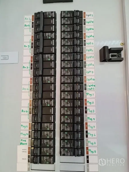 Warehouse for rent in Khlong Luang, Pathum Thani - Labeled electrical breaker panel for lights, plugs and fire alarm.