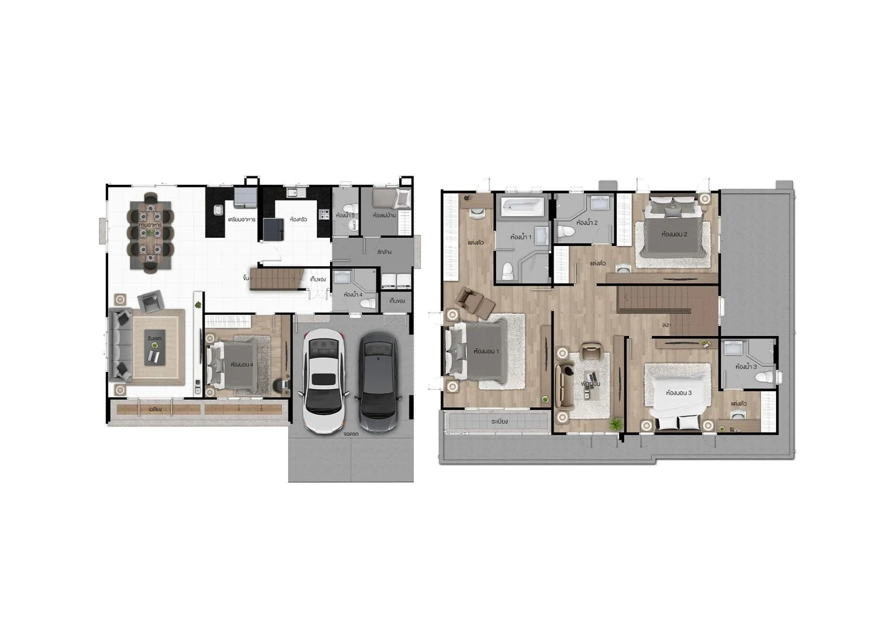 Detached House for rent in Lam Luk Ka, Pathum Thani - Two-storey floor plan showing 4 bedrooms, 4 bathrooms and parking.