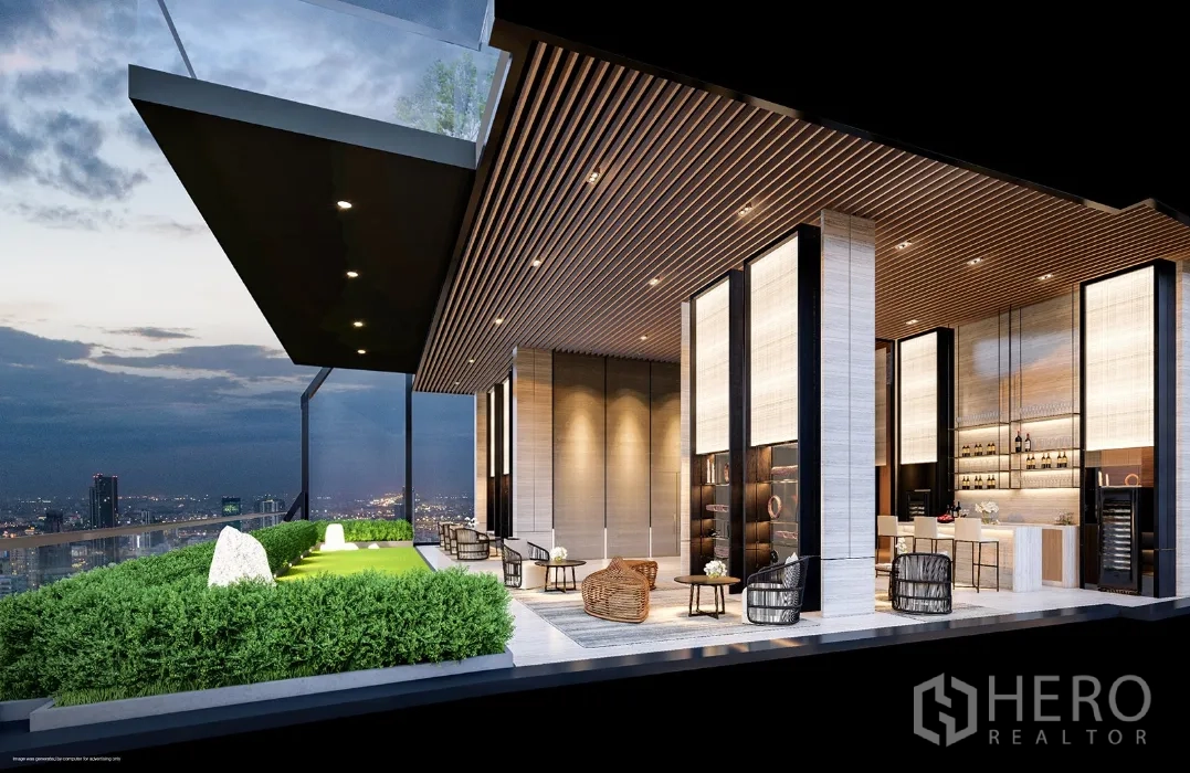 Condominium for sale in Watthana, Bangkok - Stylish rooftop lounge with wooden ceiling, landscaped terrace and panoramic city view at dusk.