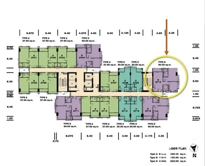 Condominium for sale in Huai Khwang, Bangkok - Floor plan highlighting a 60 sqm two-bedroom condominium layout.