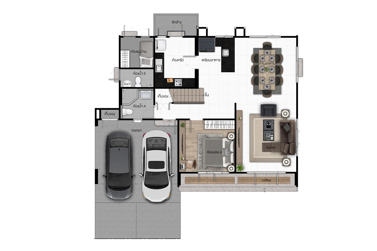Detached House for rent or sale in Lam Luk Ka, Pathum Thani - Ground floor plan showing living, dining, kitchen and carport layout