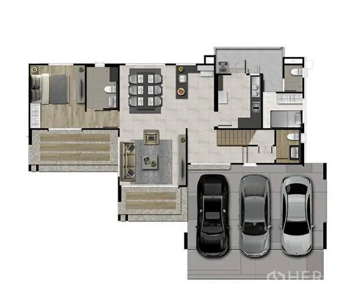 บ้าน ให้เช่าหรือขายในBang Sao Thong, Samut Prakan - ผังชั้นล่าง โซนรับแขก–ทานอาหาร ครัวไทย ห้องนอน และโรงจอดรถ 3 คัน