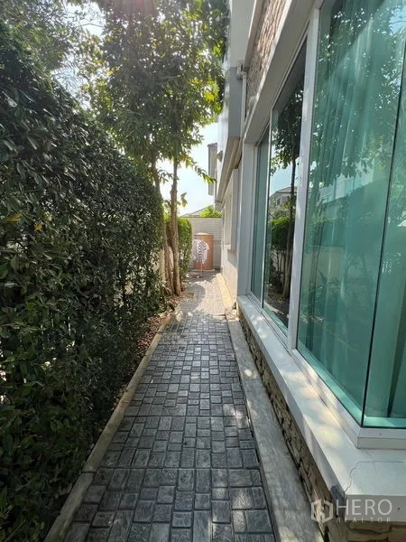Detached House for rent or sale in Saphan Sung, Bangkok - Side garden walkway with hedge and large windows of the house.