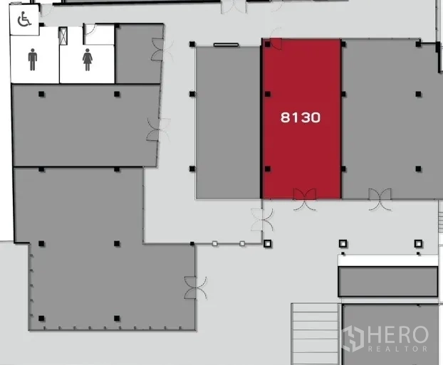 Retail Space for rent in Khlong Toei, Bangkok - Floor plan highlighting retail unit 8130 in red within the complex, near restrooms.