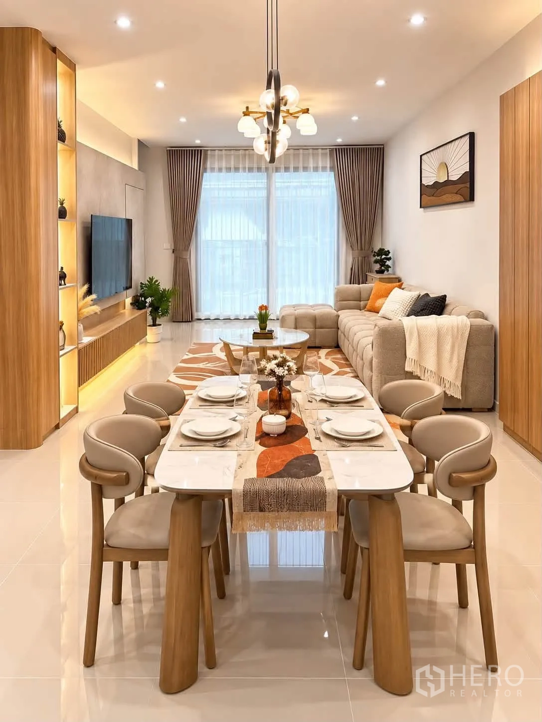Townhouse for rent in Bang Phli, Samut Prakan - TV wall with built-in shelves, accent lighting, and large flat-screen.
