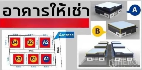 Warehouse for rent in Lat Phrao, Bangkok - Site plan and renderings of a warehouse project showing units A1–A2 and B1–B4 with internal access road and building layouts.