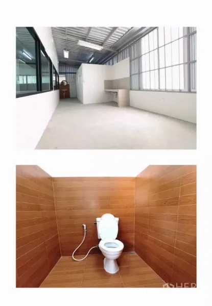 Warehouse for rent in Mueang Samut Prakan, Samut Prakan - Utility area with windows and partitions, plus a clean restroom with wood-look tiles and bidet spray.