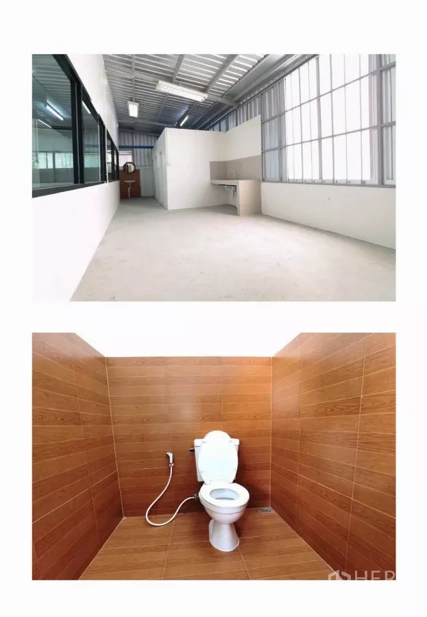Warehouse for rent in Mueang Samut Prakan, Samut Prakan - Utility area with windows and partitions, plus a clean restroom with wood-look tiles and bidet spray.