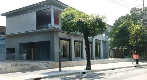 Retail Space for rent in Khlong Toei, Bangkok - Corner view of contemporary gray shop unit with tall windows and street-side tree near Sukhumvit.