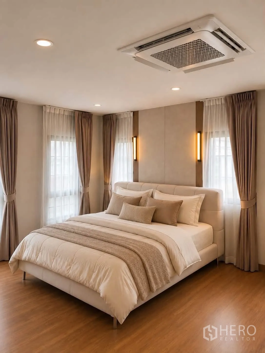 Detached House for rent in Bang Phli, Samut Prakan - Master bedroom with a king bed, corner windows and a ceiling cassette air unit.