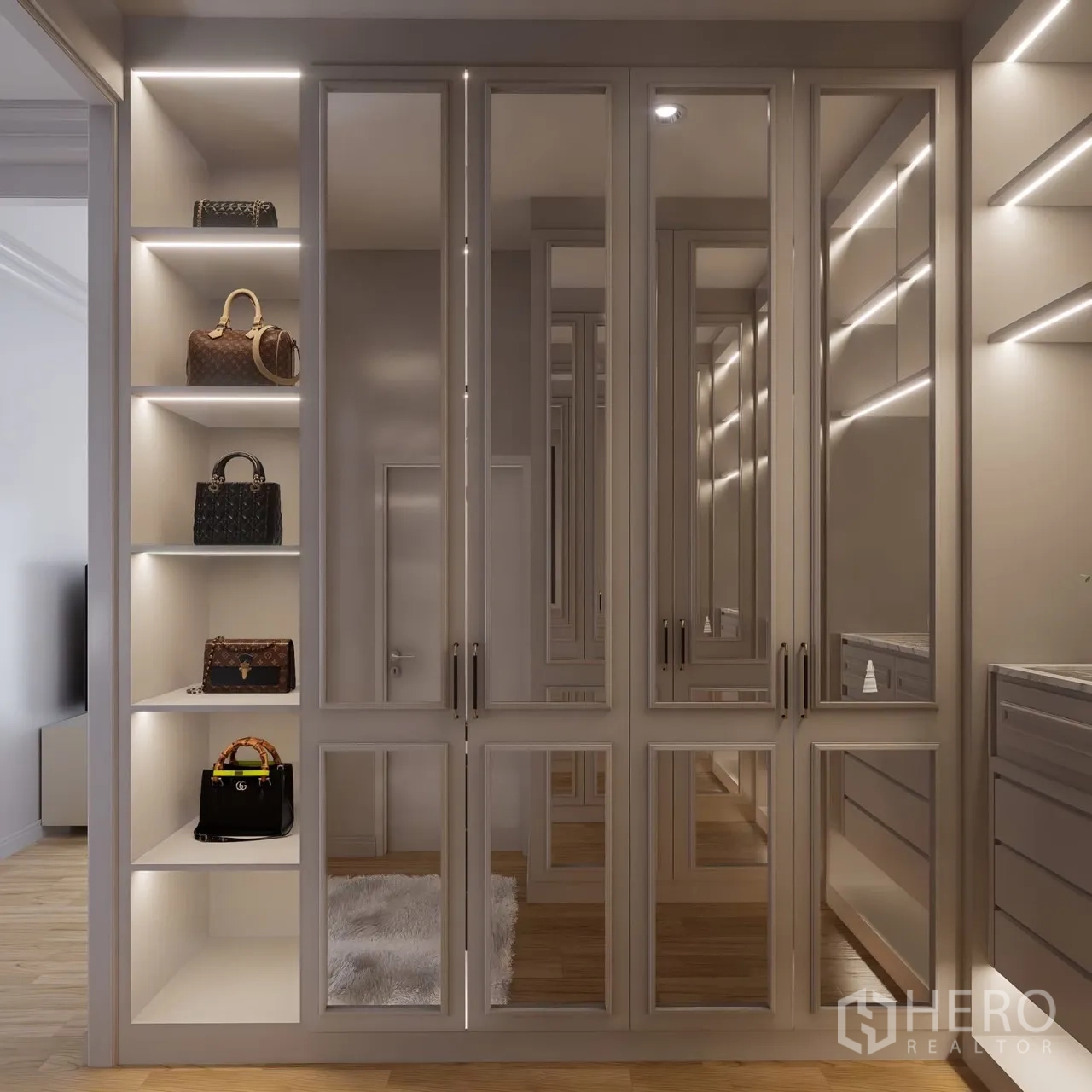 Detached House for rent in Bang Phli, Samut Prakan - Mirrored wardrobe and display shelves for designer bags.