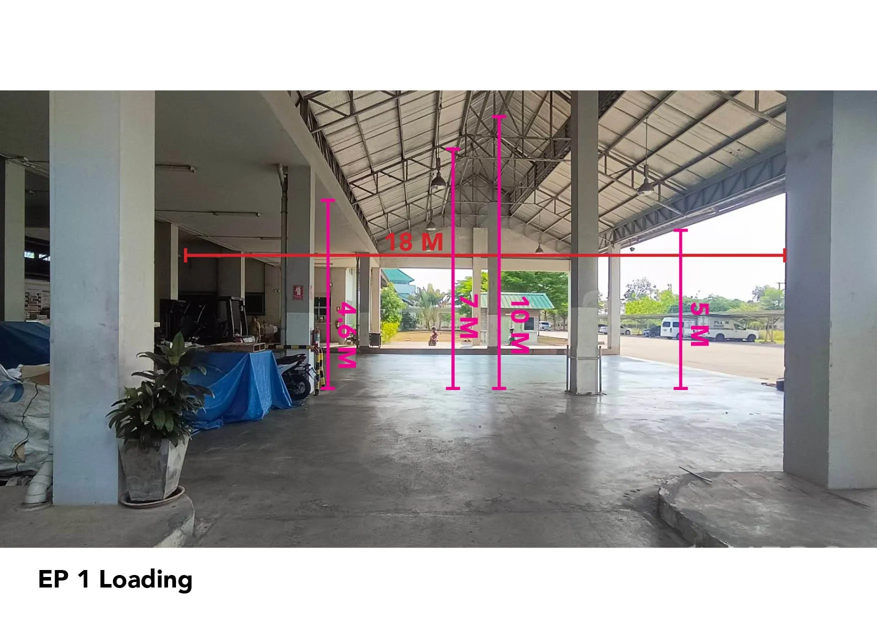 โรงงาน ขายในMueang Samut Sakhon, Samut Sakhon - ลานโหลดสินค้ามีหลังคา แสดงขนาดกว้างและความสูงสำหรับรถบรรทุก