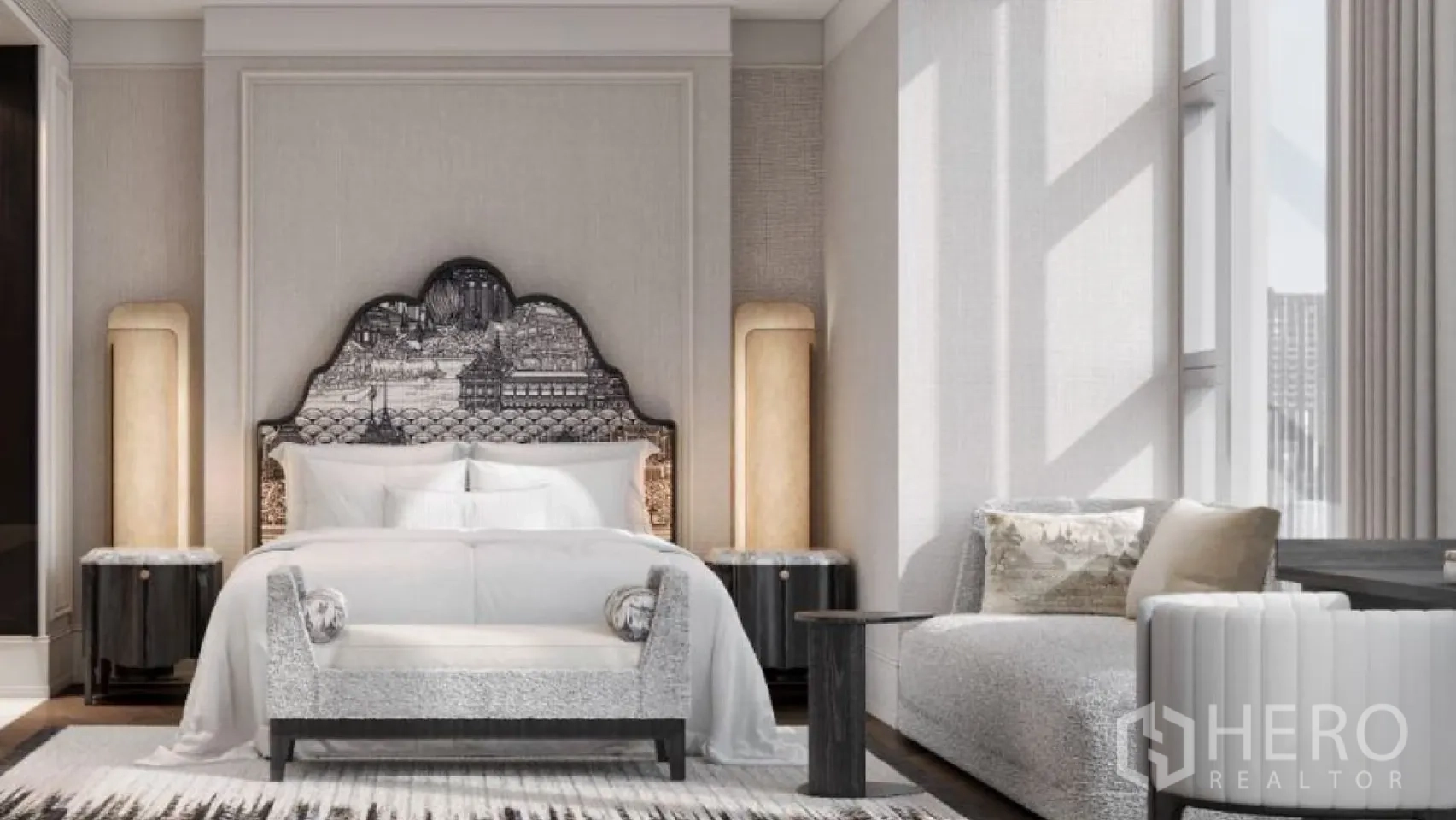 Condominium for rent - Sunlit master bedroom with statement headboard, bedside lamps, and window seating with city outlook.