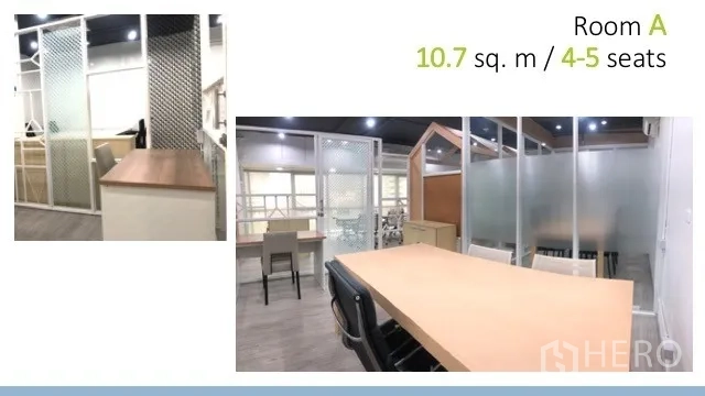 สำนักงาน ให้เช่าในWatthana, Bangkok - Room A ขนาดกะทัดรัด โต๊ะไม้ ฉากกั้นกระจกฝ้าและตาข่าย เพดานสีเข้ม