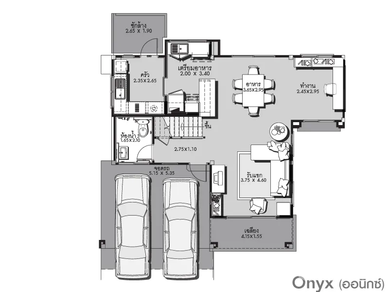 Detached House for rent in Bang Kapi, Bangkok - Ground-floor plan with living and dining areas, kitchen and a two-car garage.
