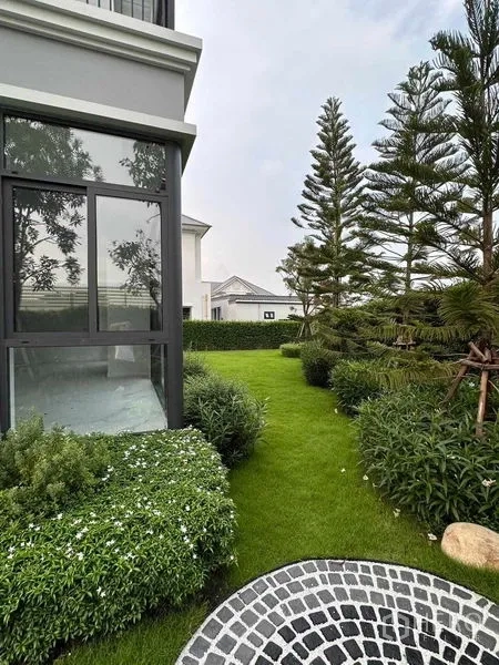 独立式住宅 出售在Lat Krabang, Bangkok - 玻璃转角空间面向景观花园，松树与灌木环绕的绿色草坪。