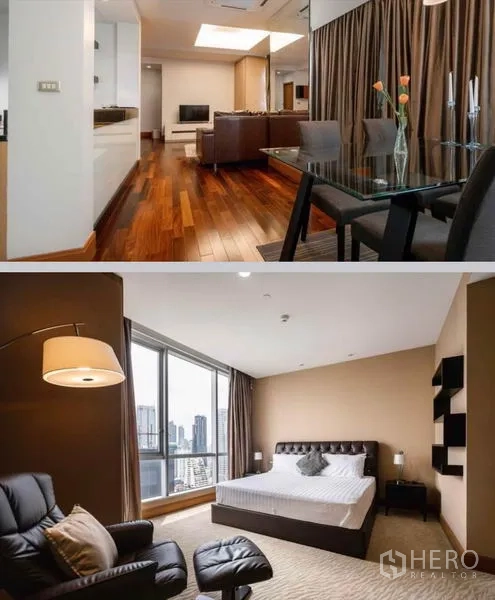 คอนโด ให้เช่าในSathon, Bangkok - โต๊ะทานอาหารกระจกสี่ที่นั่งพร้อมไฟห้อย; ห้องนอนติดหน้าต่างกระจกเต็มบาน