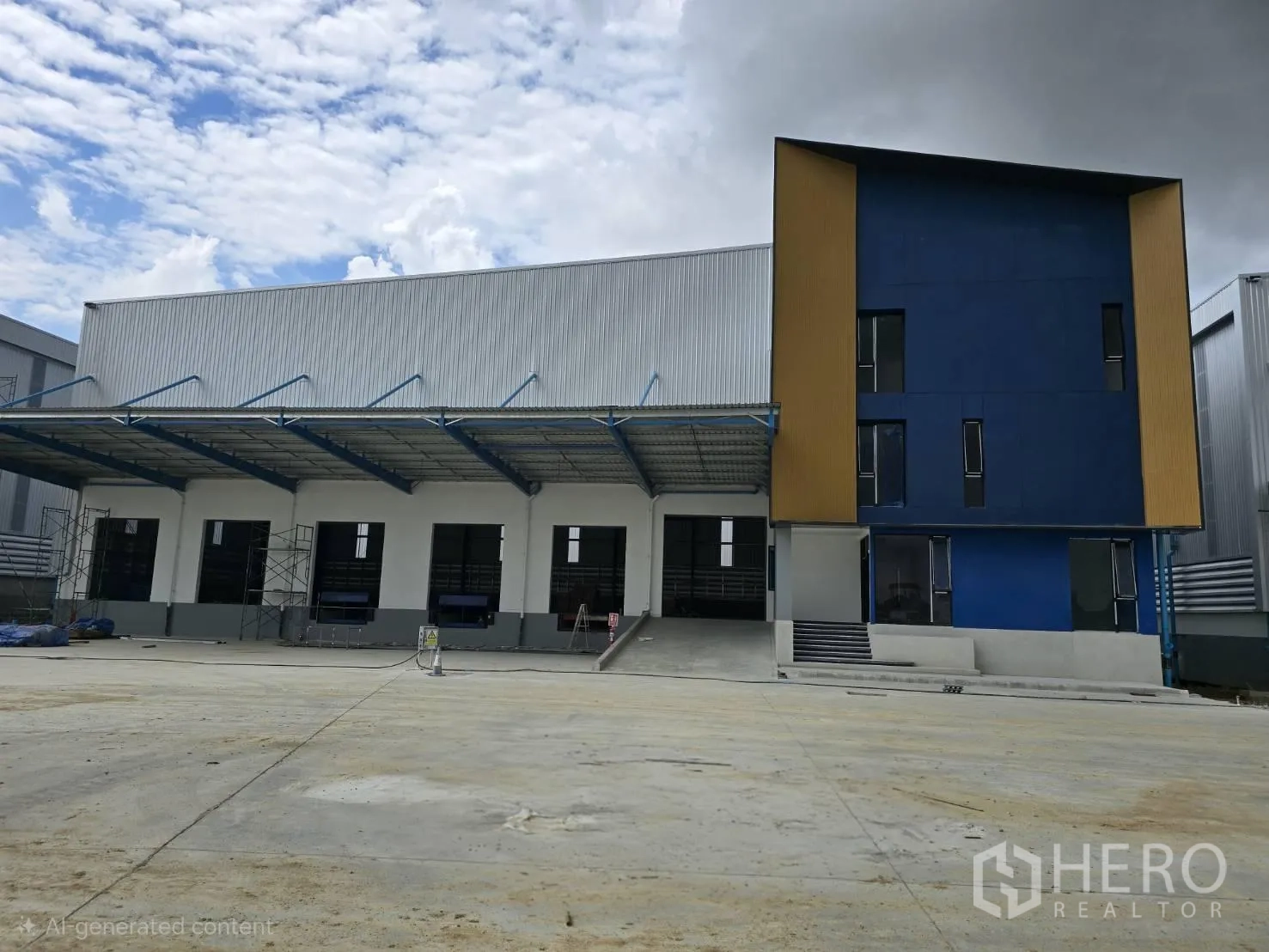โรงงาน for rent in Si Racha, Chon Buri - ภาพภายนอกโรงงานพร้อมหลังคาคลุมช่องโหลด อาคารสำนักงานติดอาคาร และลานคอนกรีตกว้าง
