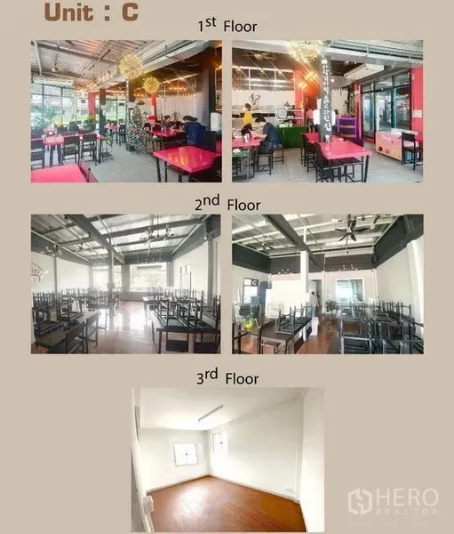 Retail Space for rent in Khlong Toei, Bangkok - Open-plan interiors across three floors with large windows, tiled ground level and wood flooring above.