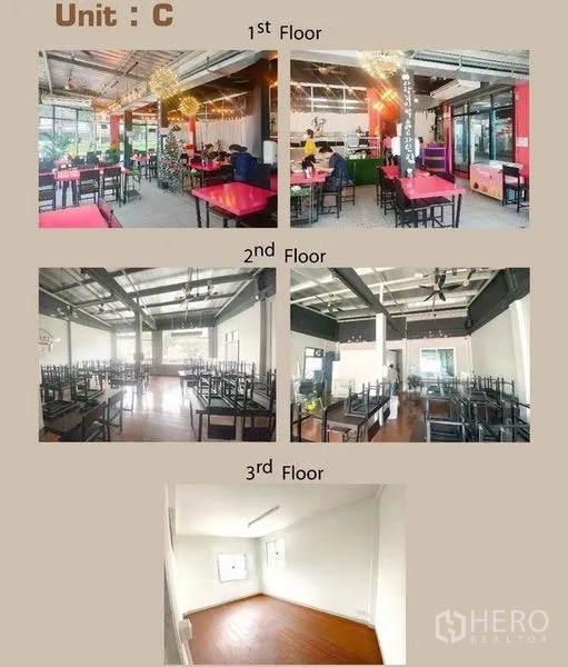 Retail Space for rent in Khlong Toei, Bangkok - Open-plan interiors across three floors with large windows, tiled ground level and wood flooring above.