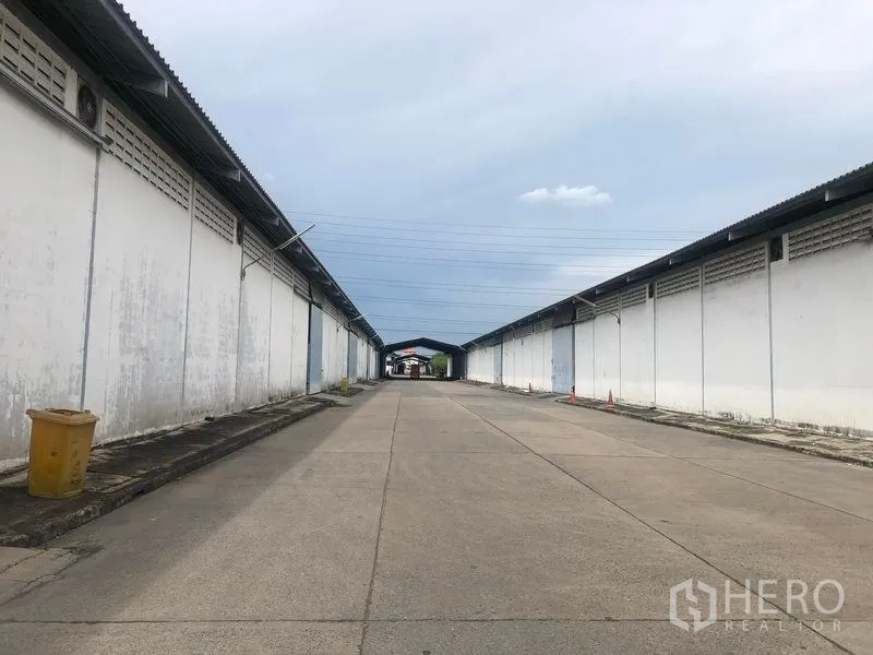 Warehouse for rent in Bang Pa-in, Phra Nakhon Si Ayutthaya - Wide driveway between parallel warehouse blocks with concrete paving and overhead power lines.