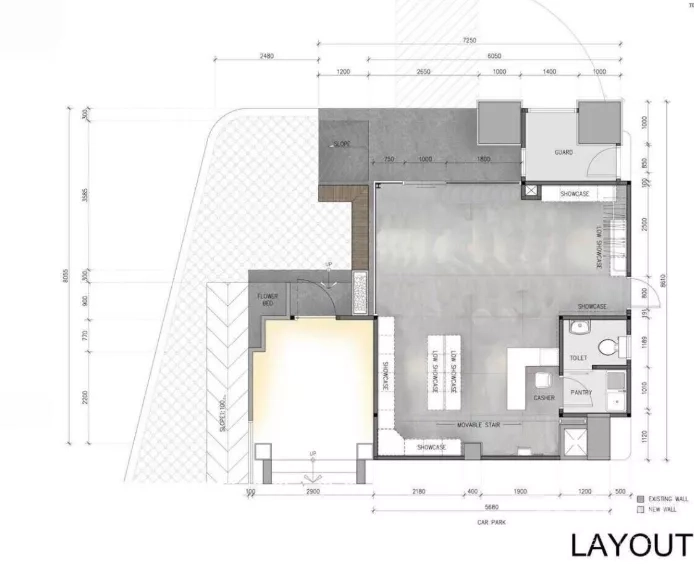 Retail Space for rent in Khlong Toei, Bangkok - Floor plan of the 40 sq.m. retail unit showing sales area, pantry, cashier counter, and restroom.