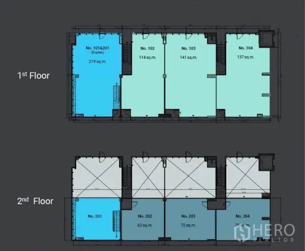 Retail Space for rent in Khlong Toei, Bangkok - Two-level retail floor plan showing units and areas, highlighting a 219 sqm duplex.