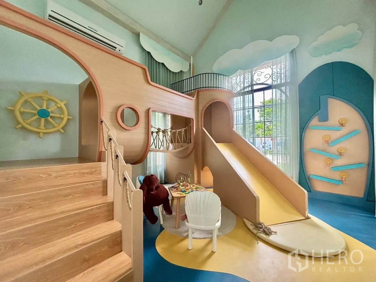Detached House for rent in Lat Krabang, Bangkok - Indoor children’s playground with ship-themed slide and activity area.