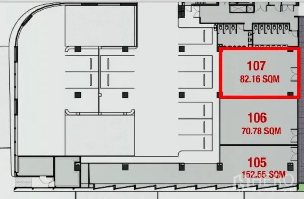 Retail Space for rent - Floor plan highlighting retail unit 107 outlined in red within the commercial building.