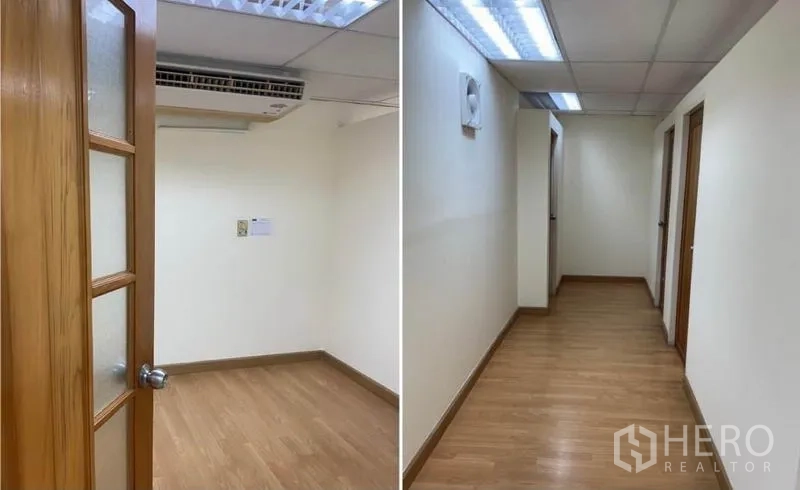 สำนักงาน ให้เช่าในWatthana, Bangkok - โถงทางเดินสู่ห้องทำงานส่วนตัว พื้นไม้ และไฟฟลูออเรสเซนต์