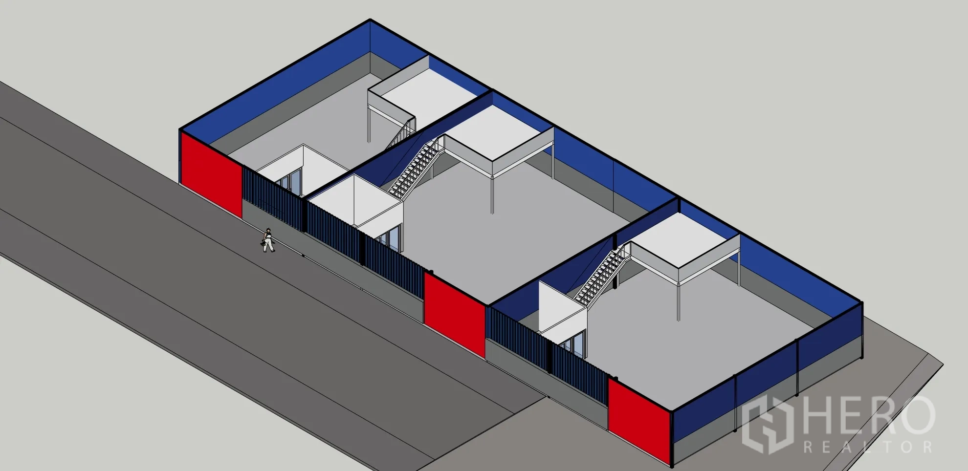Warehouse for rent in Lam Luk Ka, Pathum Thani - 3D isometric rendering of new warehouse units with mezzanine offices and internal stairs along the street frontage.