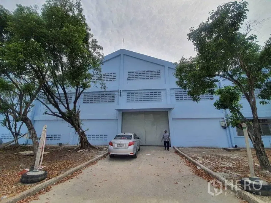 Warehouse for rent in Nakhon Pathom - Front view of light blue warehouse with wide loading gate, driveway and shade trees.