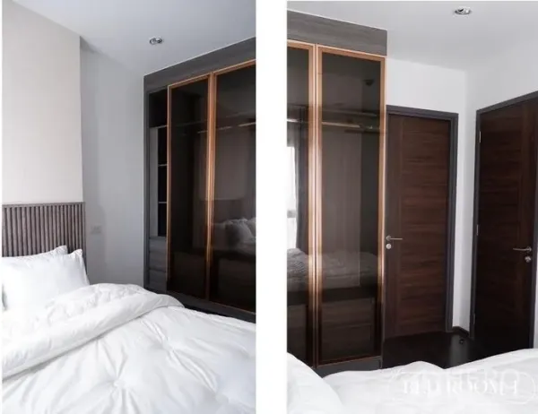 คอนโด ให้เช่าในWatthana, Bangkok - ห้องนอนพร้อมตู้เสื้อผ้าบิวท์อินบานกระจกและประตูไม้สีเข้ม