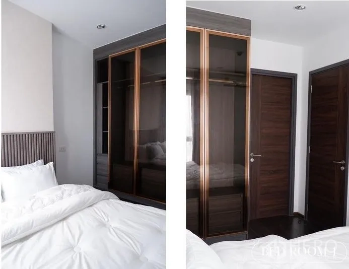 คอนโด ให้เช่าในWatthana, Bangkok - ห้องนอนพร้อมตู้เสื้อผ้าบิวท์อินบานกระจกและประตูไม้สีเข้ม