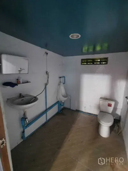 Warehouse for rent in Nonthaburi - Warehouse restroom with toilet, urinal, sink, handheld shower and a blue ceiling.