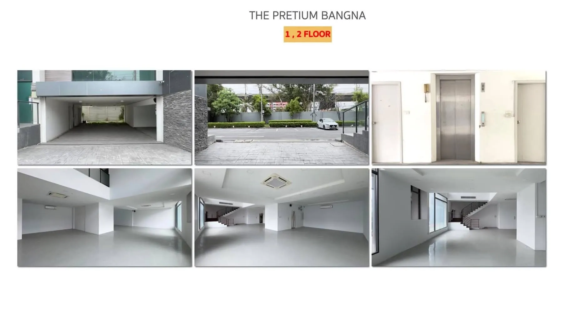 Home Office for rent or sale in Bang Phli, Samut Prakan - Photo collage of ground and second floors showing carport, elevator and open white halls.