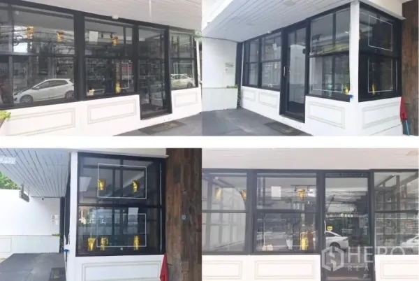 Retail Space for rent in Watthana, Bangkok - Collage of exterior views showing corner glass windows and black frames of the streetfront retail unit.