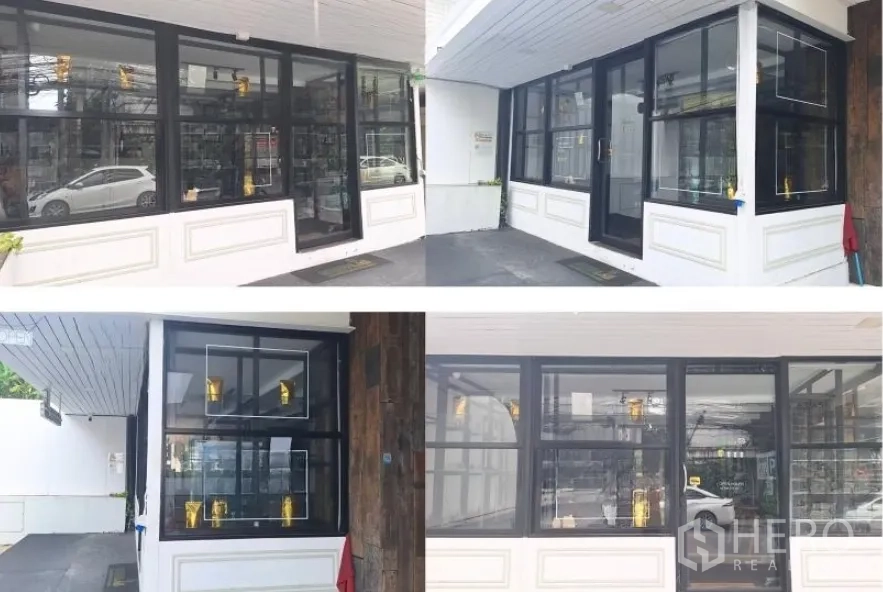 Retail Space for rent in Watthana, Bangkok - Collage of exterior views showing corner glass windows and black frames of the streetfront retail unit.