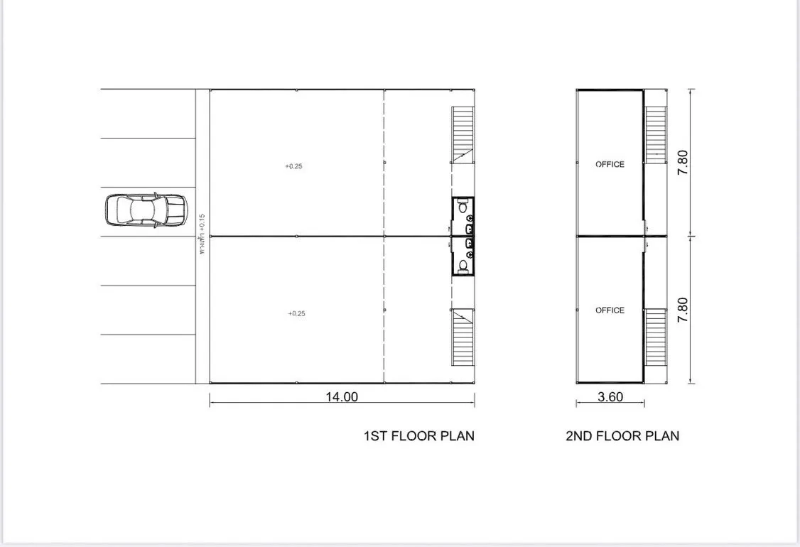 คลังสินค้า for rent in Suan Luang, Bangkok - ผังพื้นอาคารสองชั้น แสดงพื้นที่เก็บของ ชั้นล่างพร้อมห้องน้ำ และสำนักงานชั้นสอง