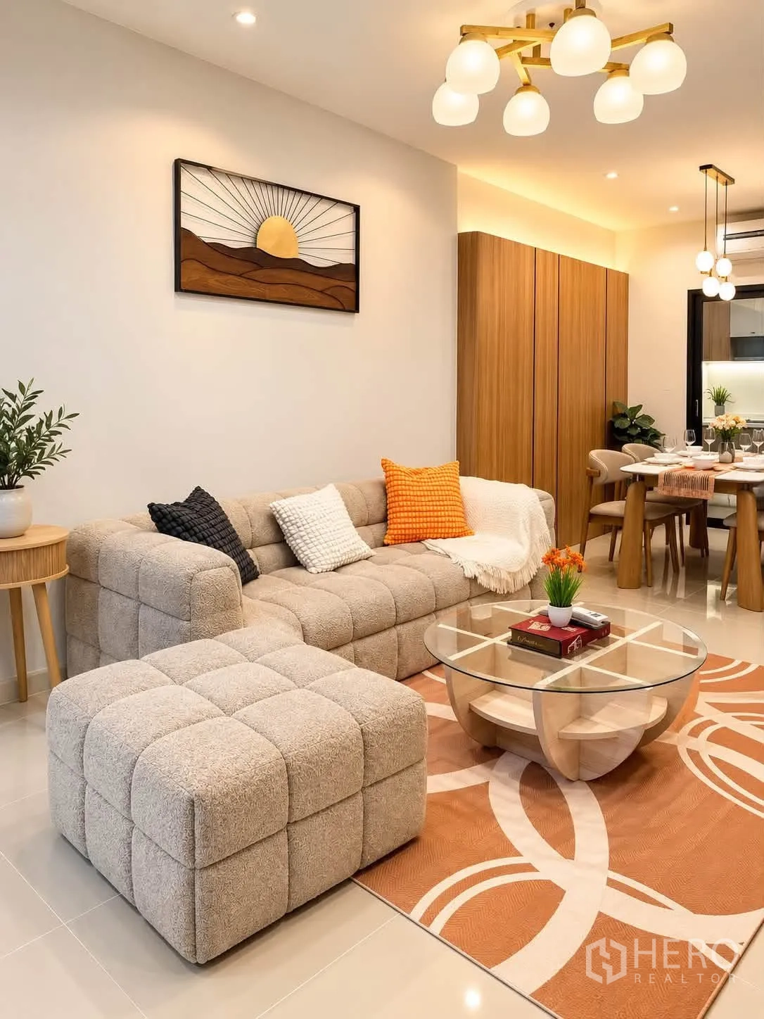 Townhouse for rent in Bang Phli, Samut Prakan - Living–dining space facing glass-partition kitchen with modern lighting.