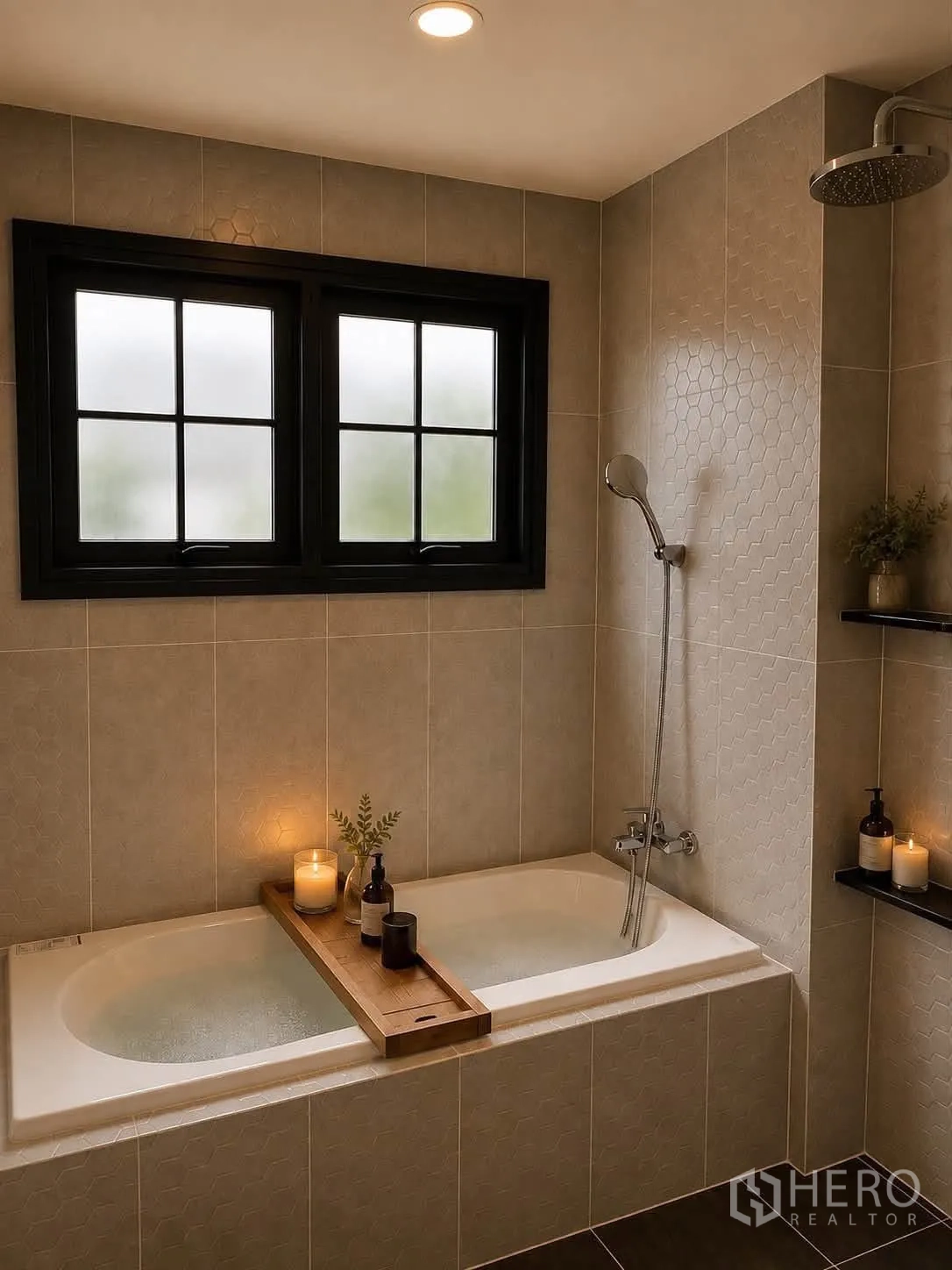 Detached House for rent in Bang Phli, Samut Prakan - Bathroom with built-in bathtub, rain shower and frosted windows.