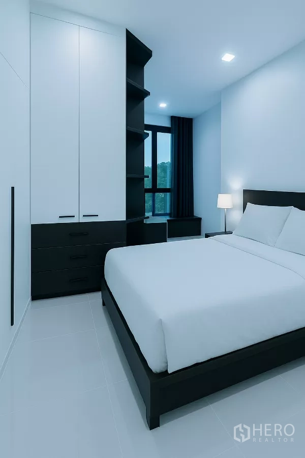 Detached House for rent in Wang Thonglang, Bangkok - Minimalist bedroom with double bed, bedside lamp, and built-in storage.