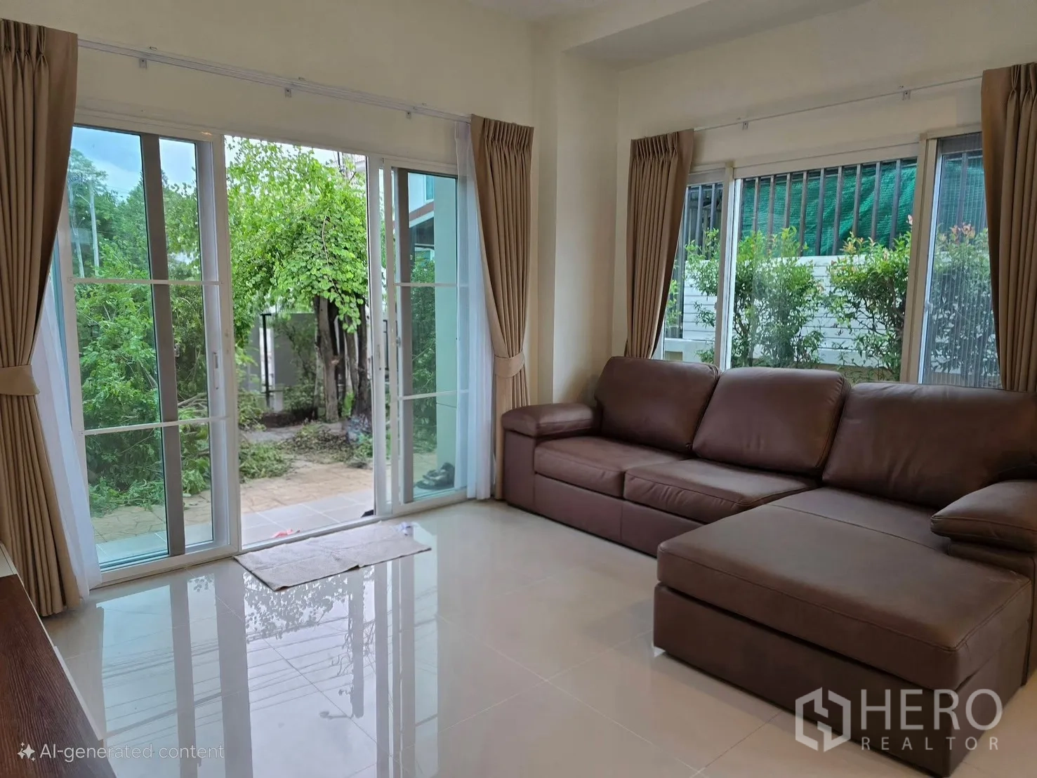 บ้านเดี่ยว for rent in Bang Phli, Samut Prakan - มุมห้องนั่งเล่น โซฟาตัวแอลและวิวสวน