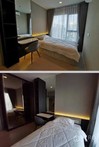 คอนโด ให้เช่าในHuai Khwang, Bangkok - ห้องนอนสว่าง มีหน้าต่างบานใหญ่ ชั้นวางบิลต์อิน และหัวเตียงไฟซ่อน