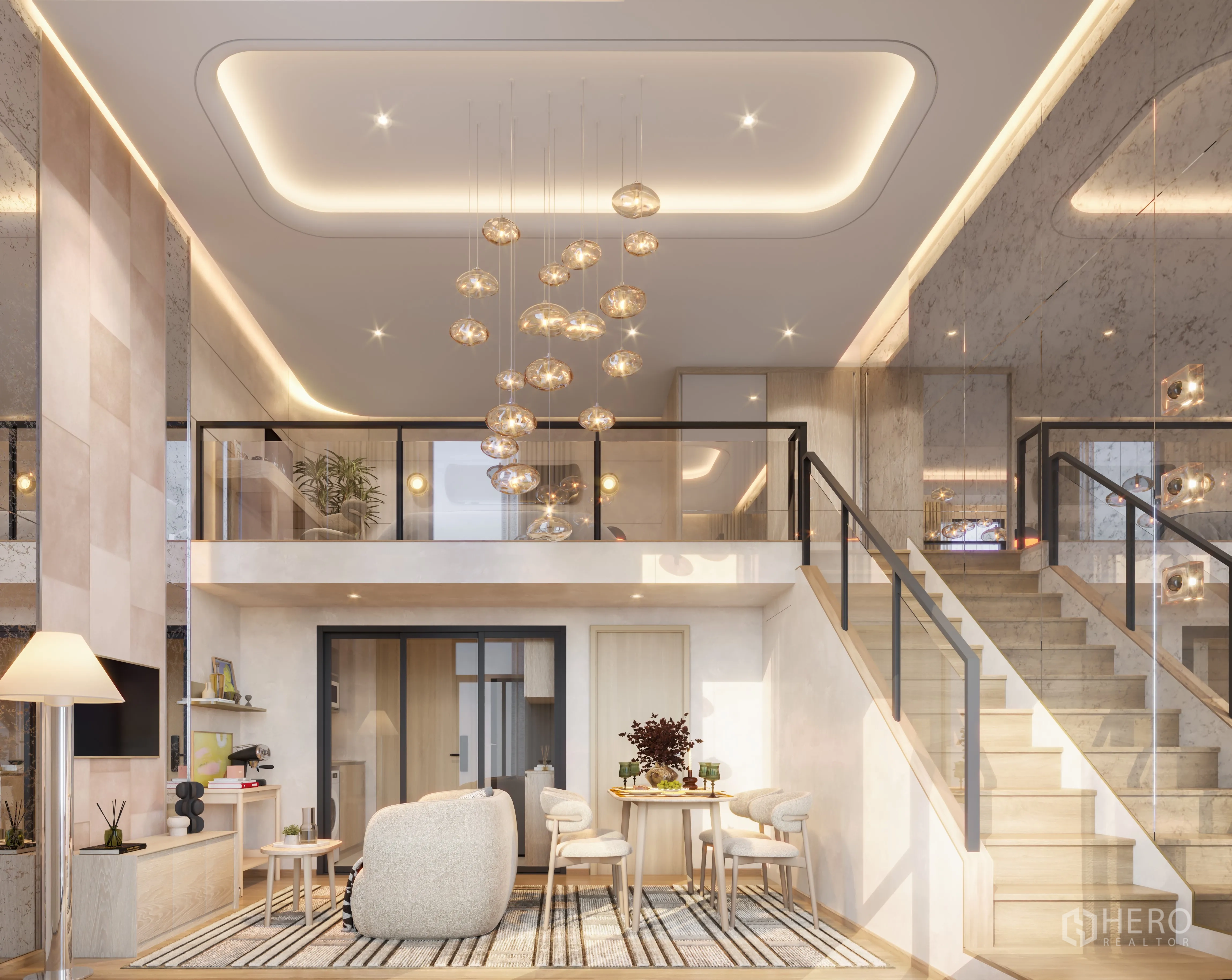 公寓 for sale in Watthana, Bangkok - 阁楼风公寓客厅，双层挑高空间，夹层与玻璃栏杆楼梯，吊灯及温馨用餐角落。
