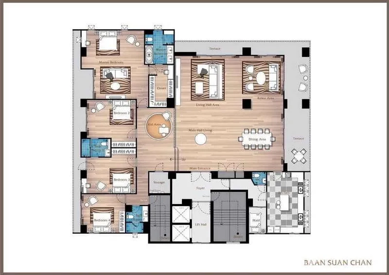 Apartment for rent in Sathon, Bangkok - Detailed floor plan of a 4-bedroom, 4-bath apartment showing large living, dining areas and twin terraces.