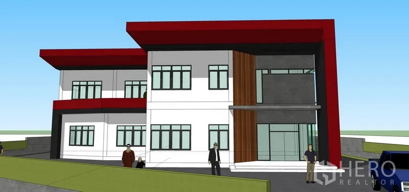 货栈 出租或出售在Lam Luk Ka, Pathum Thani - 带红色框架的仓库与办公楼3D效果图。